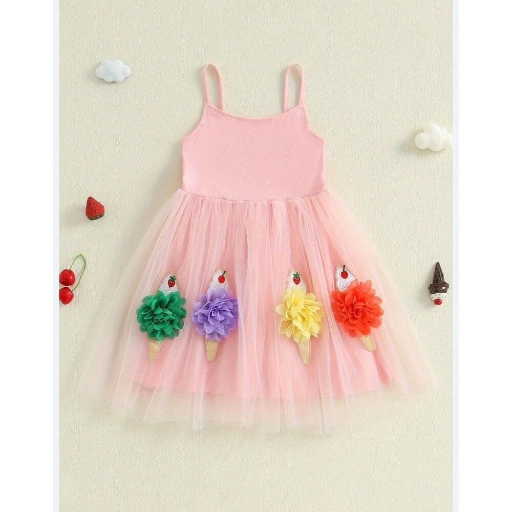 Los Angeles Boutique Summer Ice Cream Tutu Tulle Party Sundress 3D Flower 5-6